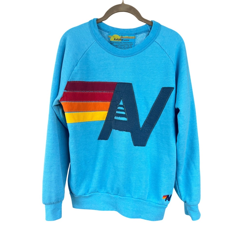 Aviator Nation Blue Rainbow AV Logo Raglan Pullover Sweatshirt Small
